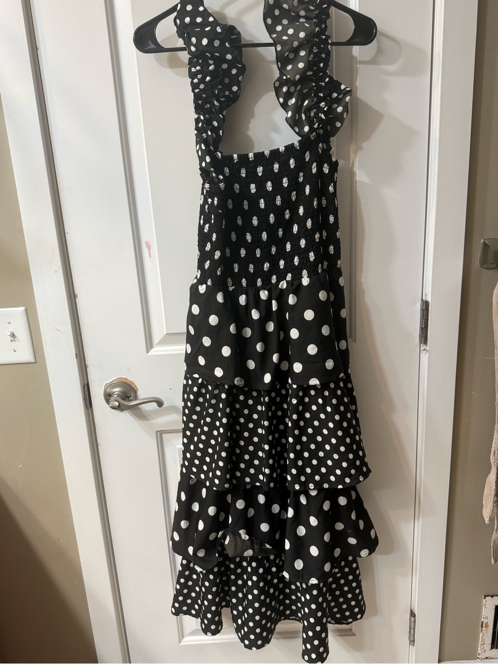 Black and White Polka Dot Midi Dress - Smocked Bodice, Ruffle Straps